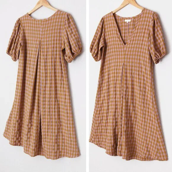 Reminiscence Gingham Plaid Seersucker Puff Short Sleeves Flared Dress Mini Tan - Picture 12 of 13